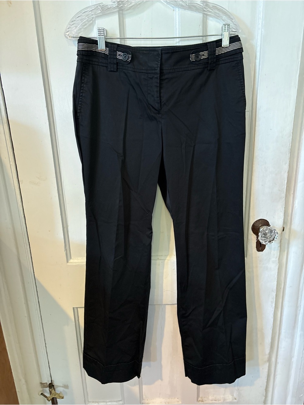 LOFT Black Straight-Leg Trousers with Subtle Stripe Waist Detail